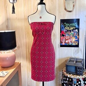 Vintage Women's Medium Red Bandana Print Strapless Tie Front Dress 90s 2000s